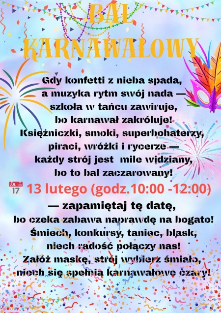 Zapraszamy Uczniów na Bal Karnawałowy 13.02.2026r.