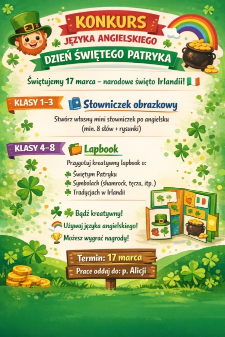 Zapraszamy do udziału w konkursie języka angielskiego z okazji Dnia Świętego Pat...